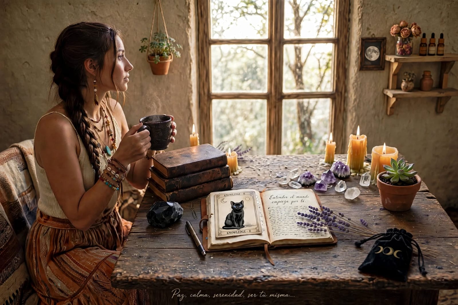 Mujer junto a la ventana con taza de té, cuaderno abierto y cristales